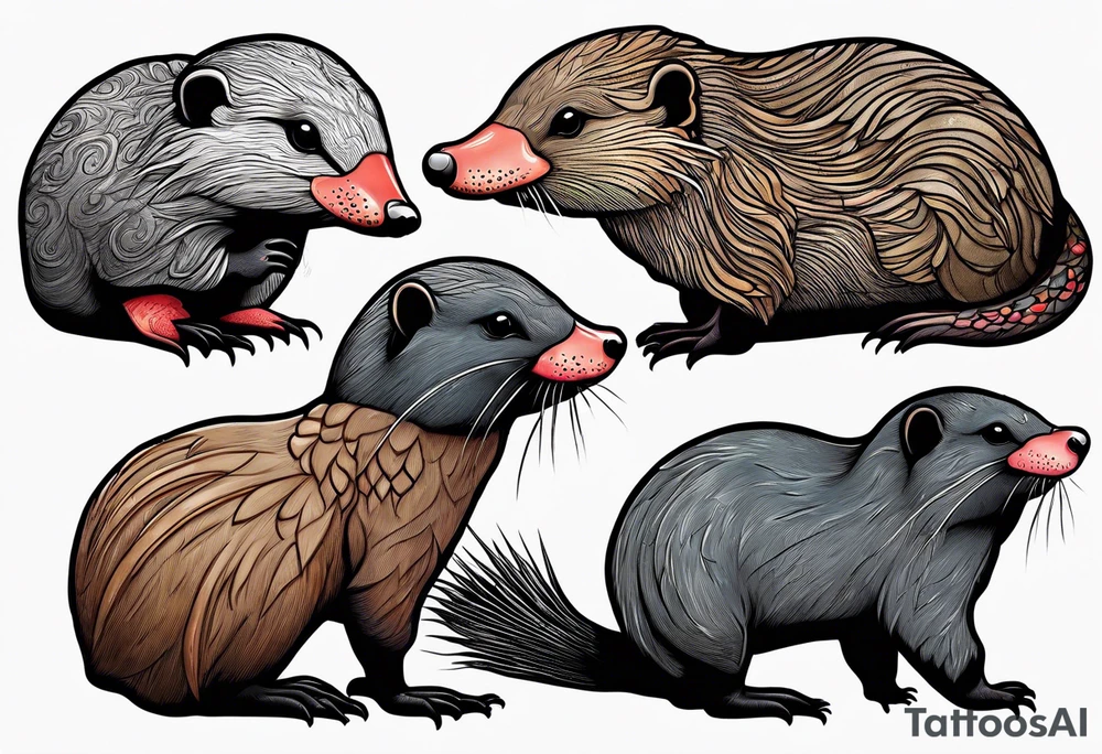 Australian Platypus, Echidna, Wombat & pygmy Sugar Glider in one image tattoo idea