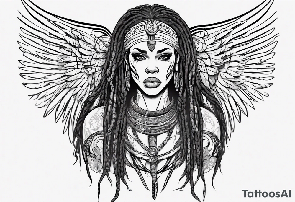 African female Viking  angel full body 
slim long face small mouth long braided hair tattoo idea
