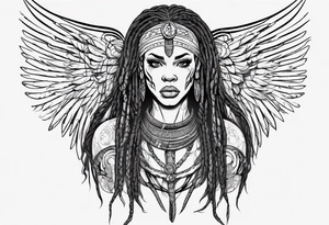 African female Viking  angel full body 
slim long face small mouth long braided hair tattoo idea