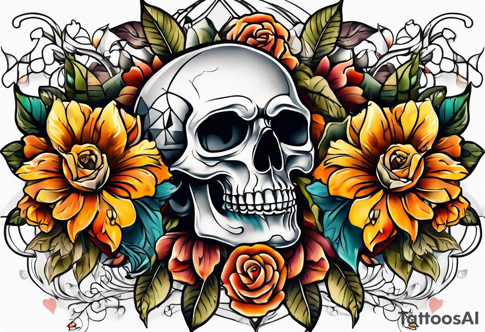 Old school center Knee tattoo with realistic skull, various flowers, water and fall colors tattoo idea
