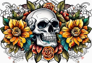 Old school center Knee tattoo with realistic skull, various flowers, water and fall colors tattoo idea
