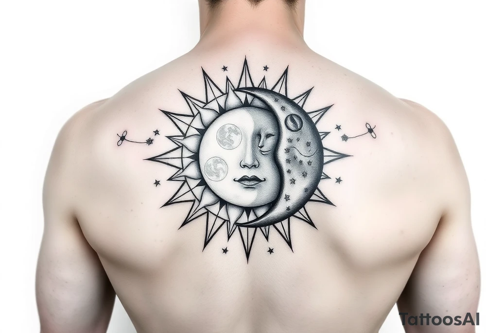 celestial sun and moon embrace with panther constellation patterns tattoo idea