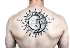 celestial sun and moon embrace with panther constellation patterns tattoo idea