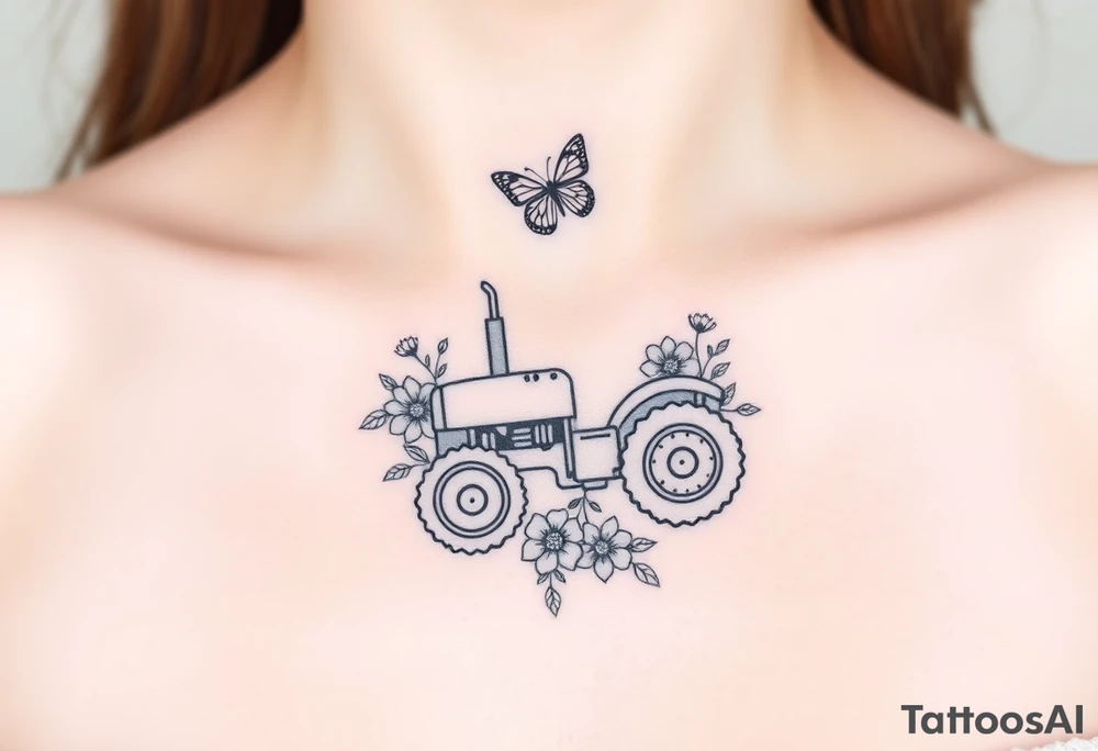 A dainty feminine tractor surrounded by flowers and a butterfly tattoo idea