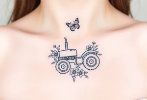 A dainty feminine tractor surrounded by flowers and a butterfly tattoo idea