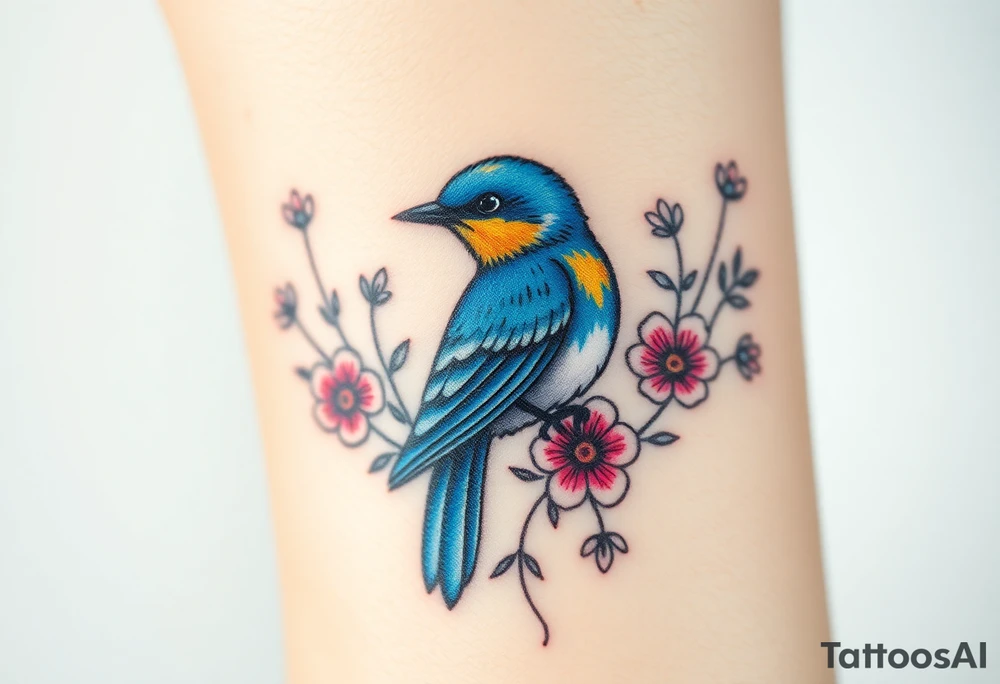 powerful majestic bluebird surrounded by wild flowers tattoo idea