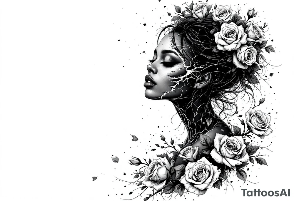 Broken Black woman surrounded by roses that shows the good and evil of humanity tattoo idea