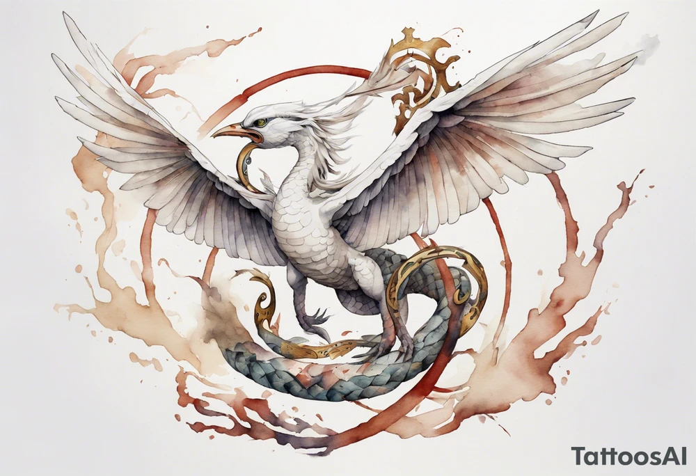a watercolor of a white bird-serpent hybrid wearing an iron crown, flying tattoo idea