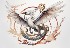 a watercolor of a white bird-serpent hybrid wearing an iron crown, flying tattoo idea