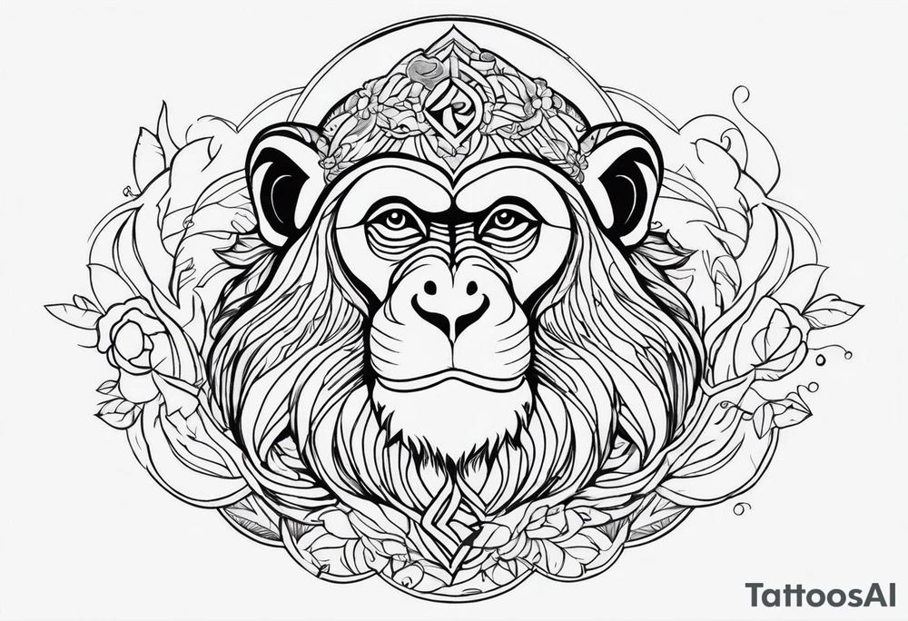 middle of the chest, minimalistic not detailed monkey and calming energies natural flow tattoo idea