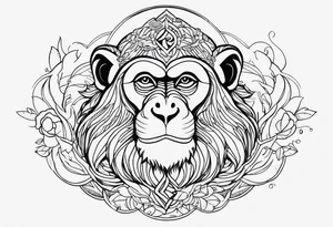 middle of the chest, minimalistic not detailed monkey and calming energies natural flow tattoo idea