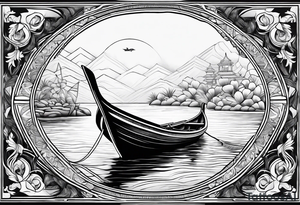 Oval frame inside thai long tail boat water under swiming turtle tattoo idea