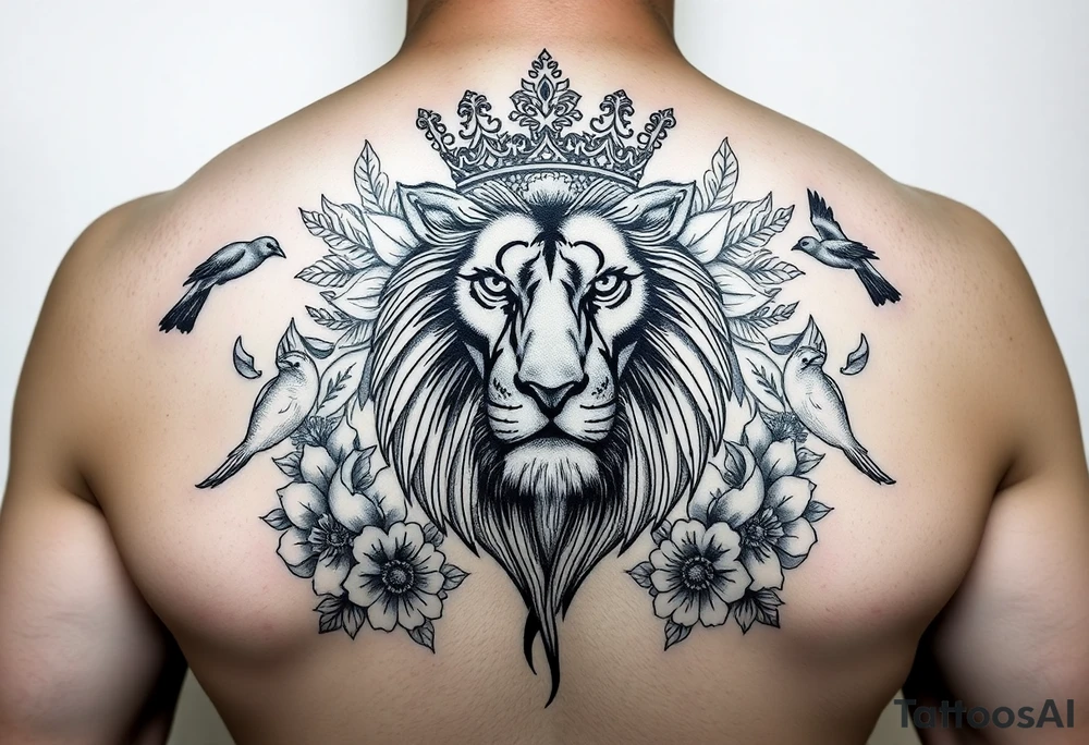 powerful majestic lion with a crown, surrounded by floral ornaments and birds tattoo idea