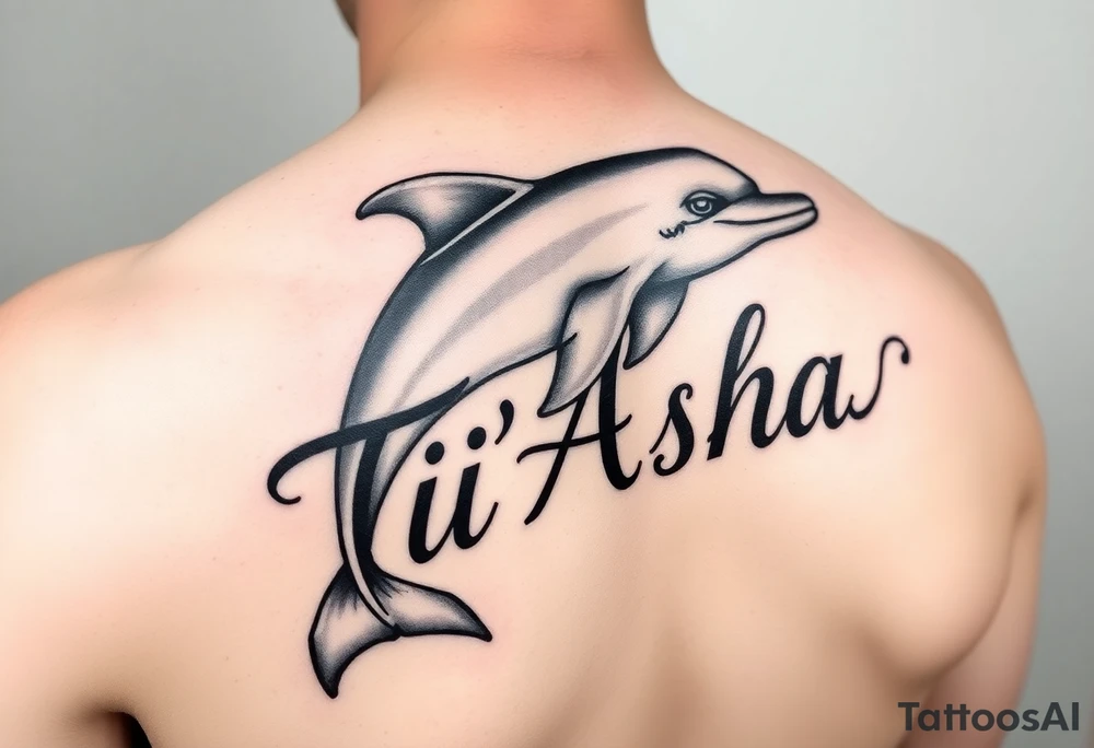The name Ti'Asha with a dolphin for my mom favorite animal with the tattoo being somewhere on the arm or bicep tattoo idea