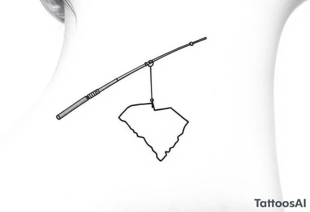Girly fishing rod with something showcasing South Carolina state dangling from it tattoo idea