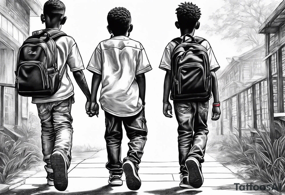 full bodies of 3 black school age boys walking away together and one is looking to the side at the one in the middle tattoo idea