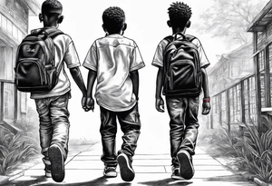 full bodies of 3 black school age boys walking away together and one is looking to the side at the one in the middle tattoo idea