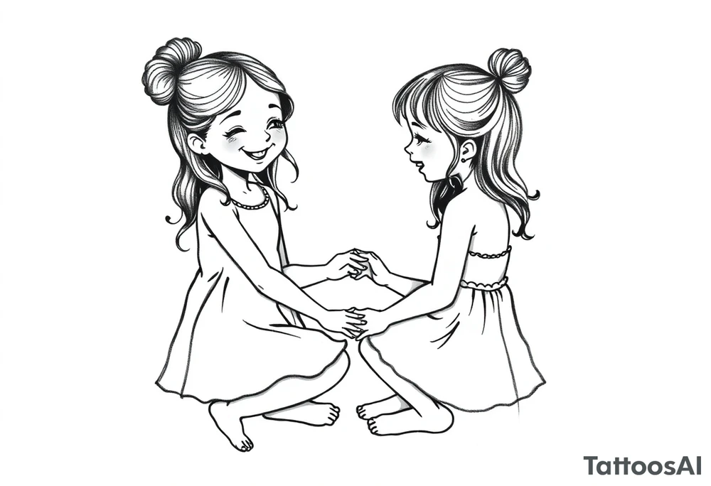 Zwei grinsende kleine mädchen sitzen sich gegenüber eine hat einen Dutt die andere einen Zopf und sie berühren sich an den Fußsohlen seitenansicht tattoo idea