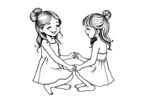 Zwei grinsende kleine mädchen sitzen sich gegenüber eine hat einen Dutt die andere einen Zopf und sie berühren sich an den Fußsohlen seitenansicht tattoo idea