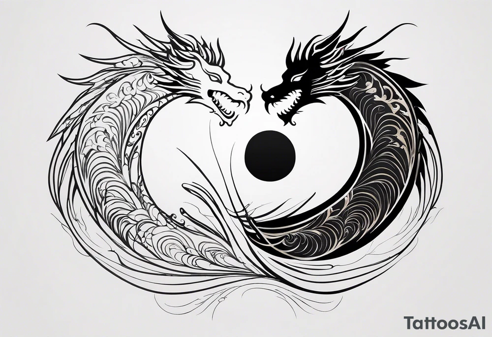 For a Gen Z-inspired dragon and phoenix tattoo, think of a clean, minimalist design that combines symbolism with bold, sleek lines. Imagine a dragon and phoenix spiraling together in a yin-yang-inspired layout. The dragon has a slightly abstract, modern shape, with sharp, flowing lines to show power, resilience, and wisdom, while the phoenix is rendered with sweeping curves and minimal detailing, symbolizing rebirth, growth, and transformation.

Both creatures should interact in a harmonious way, representing balance and duality. To keep it meaningful, focus on line work rather than intricate shading—clear, open spaces allow the tattoo to feel light and energetic. Adding small symbols, like stars or a faint galaxy backdrop, can enhance the "rising from ashes" and "strength through challenge" themes. This design will have a timeless appeal while resonating with Gen Z’s love for symbolism and simplicity. tattoo idea