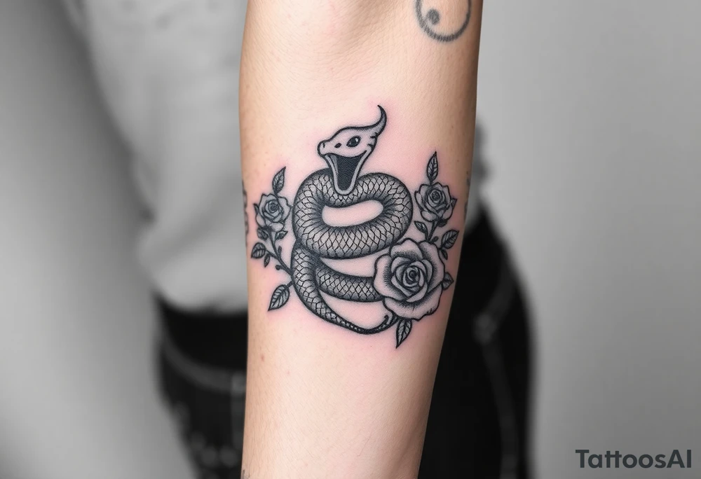 powerful majestic snake wrapped around rose ornaments tattoo idea
