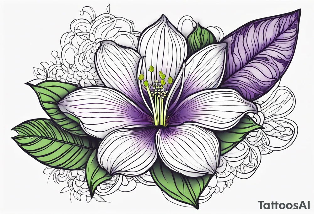 An outline of a rio dipladenia flower with green and purple behind it tattoo idea