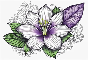 An outline of a rio dipladenia flower with green and purple behind it tattoo idea