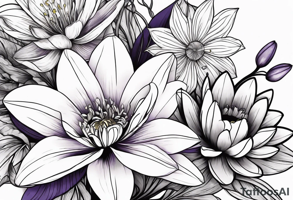 flower bouquet of violet, water lilly, and narcissus tattoo idea