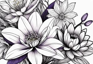 flower bouquet of violet, water lilly, and narcissus tattoo idea