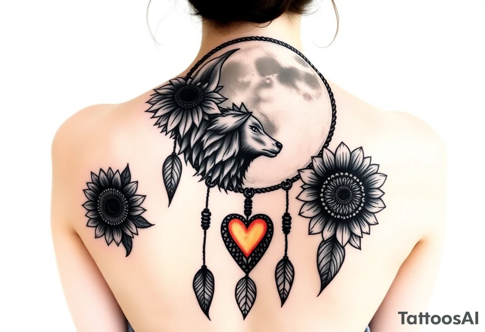 A Cresent moon dream catcher with sunflower, wolf, Harry potter, star wars, unicorn, fire heart all in one tattoo idea