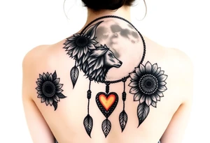A Cresent moon dream catcher with sunflower, wolf, Harry potter, star wars, unicorn, fire heart all in one tattoo idea