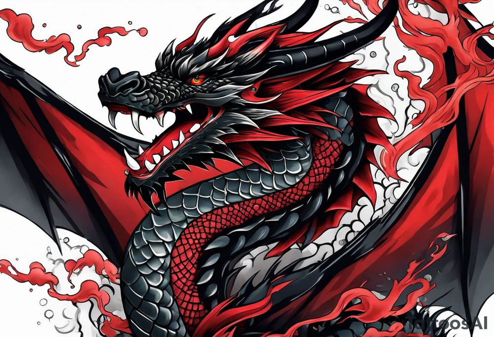 dragon irezumi arm sleeve in black and red with water and lightning tattoo idea