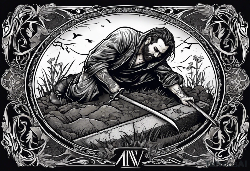 Man crawling out of grave. 
MIW Reincarnate written on gravestone tattoo idea