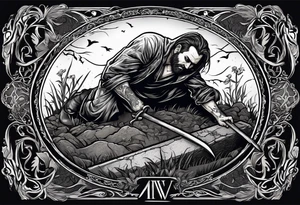 Man crawling out of grave. 
MIW Reincarnate written on gravestone tattoo idea