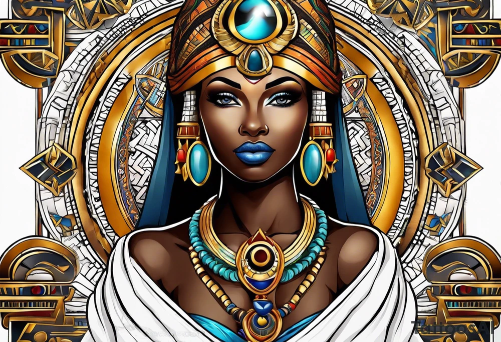 African Goddess wearing the eye of Horus and Ankh symbol tattoo idea