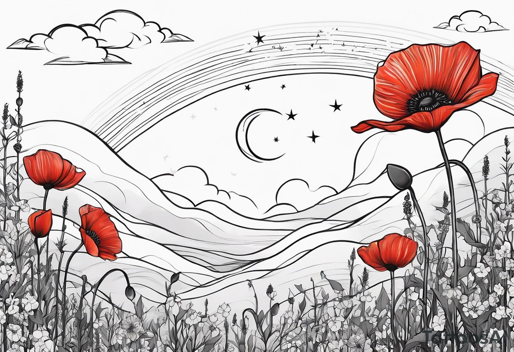 spine tattoo, poppy, stars, moon, cloud, vertical, simple, fine line tattoo idea
