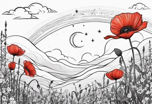 spine tattoo, poppy, stars, moon, cloud, vertical, simple, fine line tattoo idea