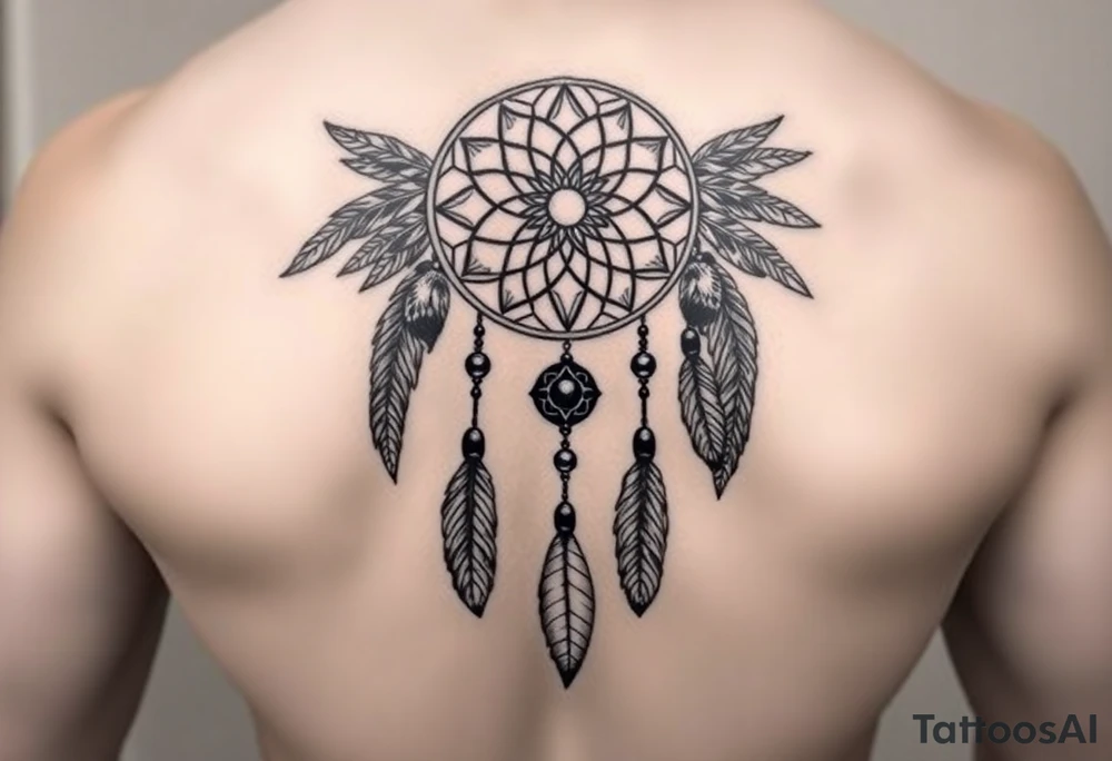 native dreamcatcher with flowing feathers and sacred beads tattoo idea