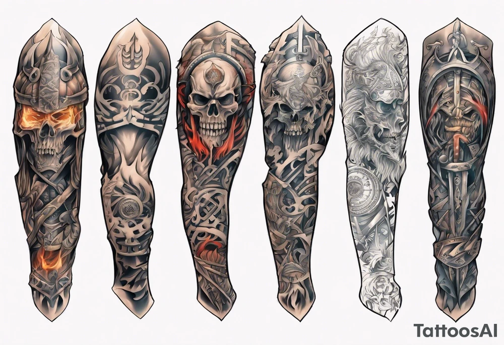 warrior sleeve with heathen writing tattoo idea