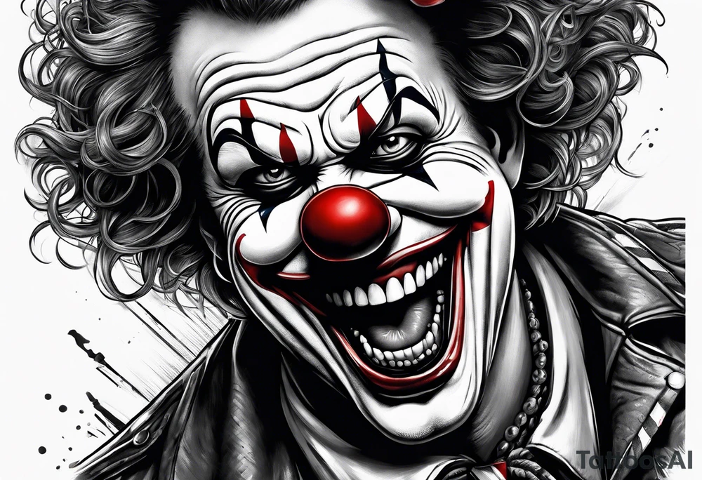 A clown biting holding a bullet in his teeth tattoo idea