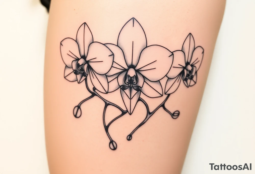 Draw of three fine line orchids different size realistic, the central part resembles a vagina. Are connected with branches tattoo idea