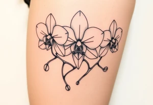 Draw of three fine line orchids different size realistic, the central part resembles a vagina. Are connected with branches tattoo idea