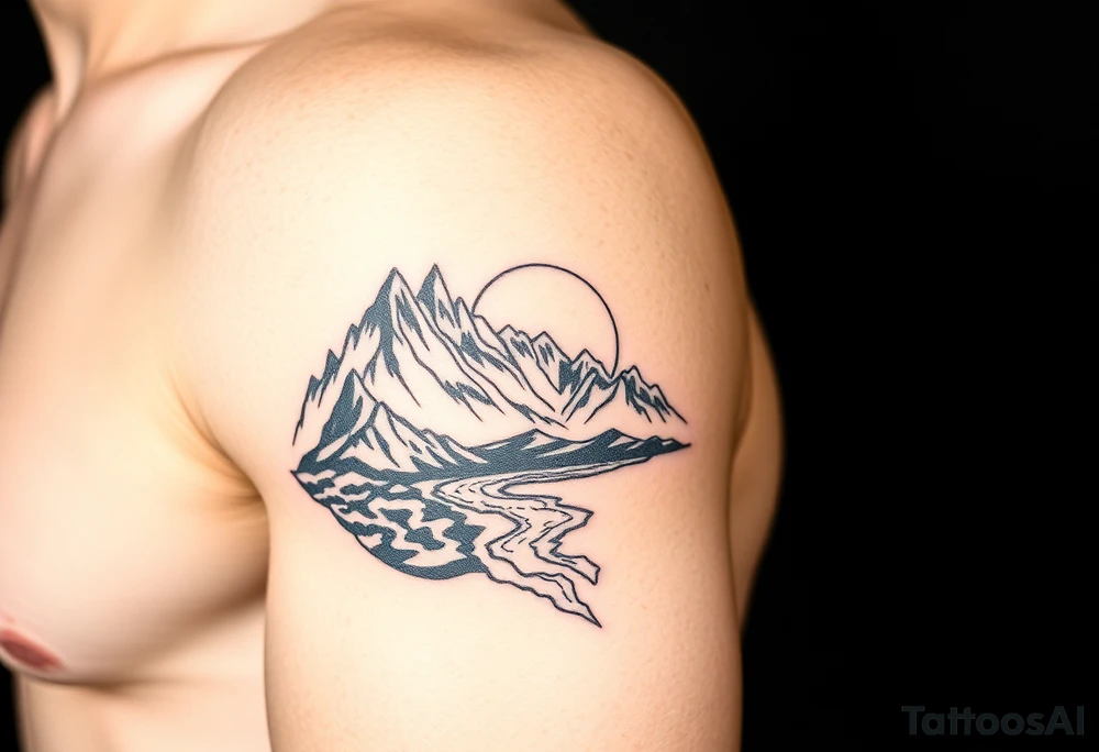 mountains with river and sunset upper arm tattoo tattoo idea mountains with river and sunset upper arm tattoo tattoo idea