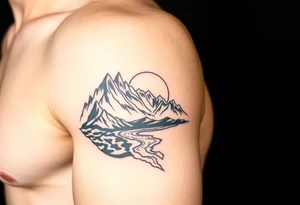 mountains with river and sunset upper arm tattoo tattoo idea