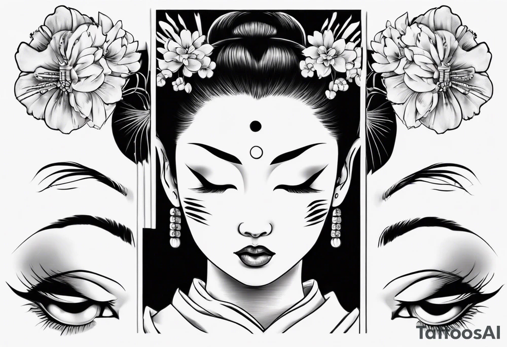 geisha face with two eyes closed and third realistic eye looking at you tattoo idea