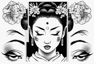 geisha face with two eyes closed and third realistic eye looking at you tattoo idea
