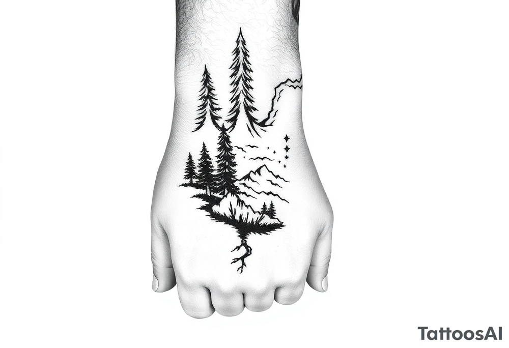 Simple large nature themed, covering the hand, going up the fingers and down the wrist. tattoo idea