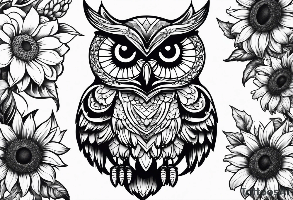 Owl, sunflower and butterfly tattoo idea