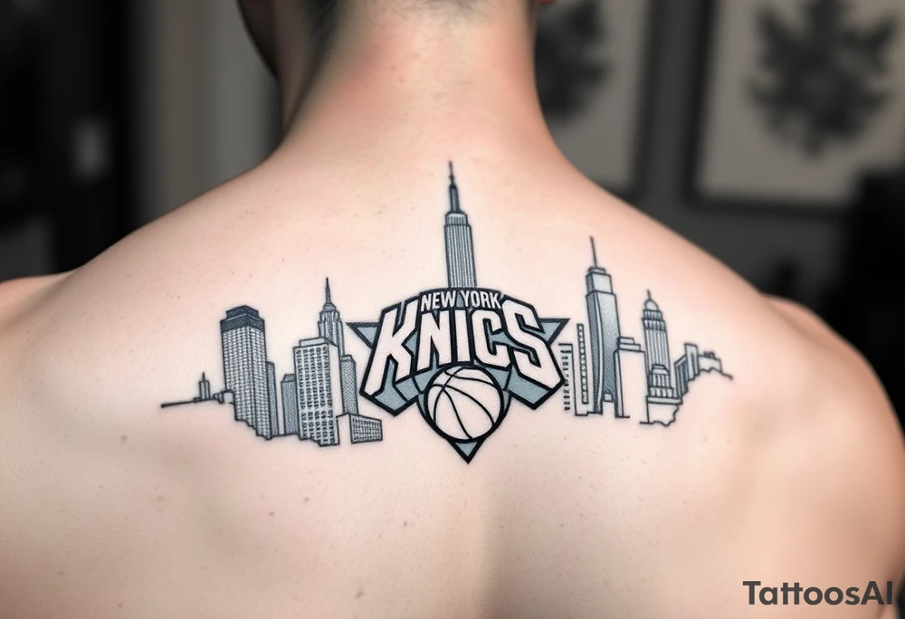 Hyper realistic, New York City cityscape with New York knicks logo tattoo idea
