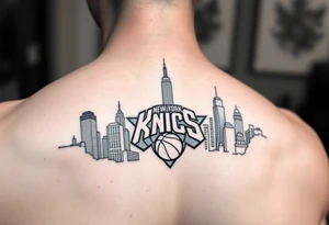 Hyper realistic, New York City cityscape with New York knicks logo tattoo idea